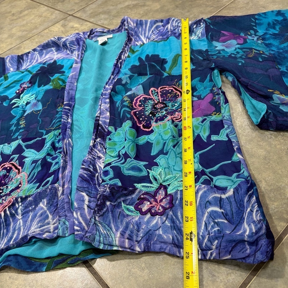 Half Moon Bay Womens Blue Floral Beaded Embroidered Open Kimono Sz L Boho Hippie - Picture 11 of 13